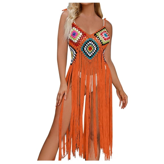 fatyb Cover up Womens Crochet Tassel Bikini Coverup Swimsuit Sleeveless Bathing Suit Beachwear Dress