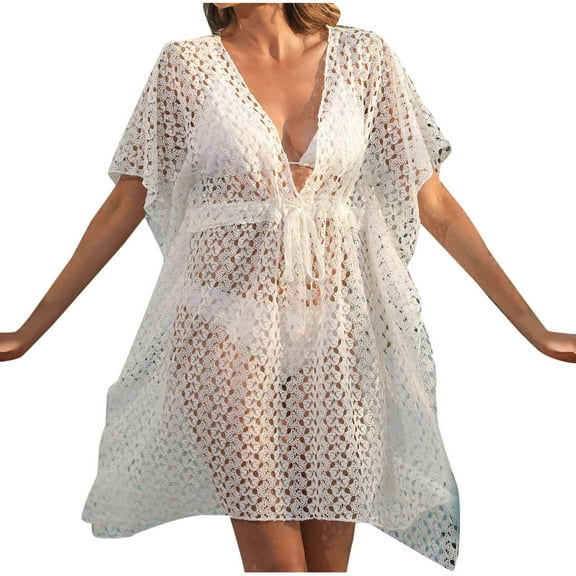 fatyb Crochet Coverup for Women Swimwear Summer V Neck Bikini Cover up Drawstring Waist Beach Dress