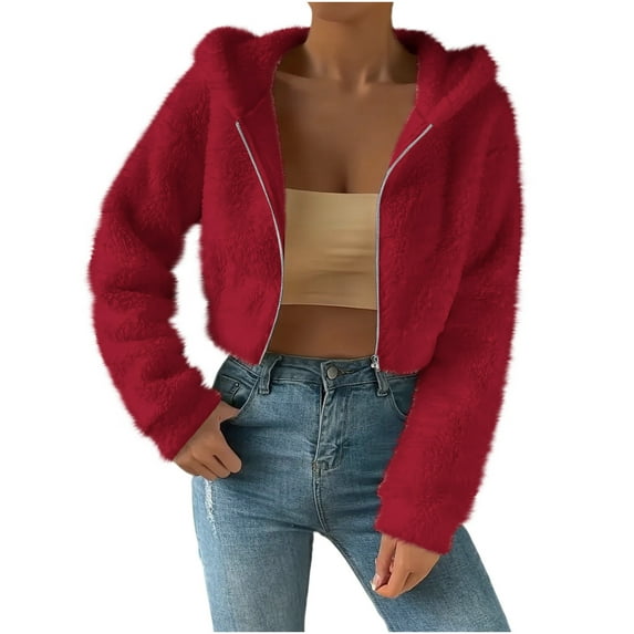fatyb Cropped Full Zip Hoodies Womens Fuzzy Hooded Jackets Long Sleeve Fall Winter Sherpa Outerwear