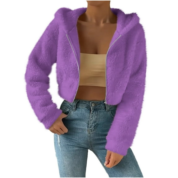 fatyb Cropped Full Zip Hoodies Womens Fuzzy Hooded Jackets Long Sleeve Fall Winter Sherpa Outerwear
