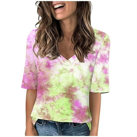fatyb Cute Tshirts for Women Summer V Neck Short Sleeve T-Shirt Plus Size Casual Basic Tee Tops