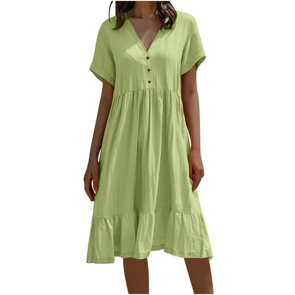 fatyb Dresses for Women Short Sleeve Button V Neck A-Line Dresses Tiered Summer Casual Flowy Dresses