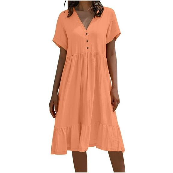 fatyb Dresses for Women Short Sleeve Button V Neck A-Line Dresses Tiered Summer Casual Flowy Dresses