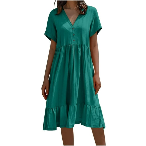 fatyb Dresses for Women Short Sleeve Button V Neck A-Line Dresses Tiered Summer Casual Flowy Dresses