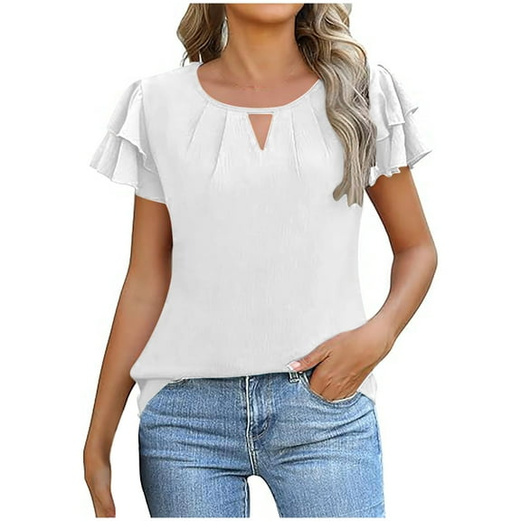 fatyb Dressy Tops Womens Cut out Neck Elegant Blouses Casual Ruffle Short Sleeve Cute Shirts for Women