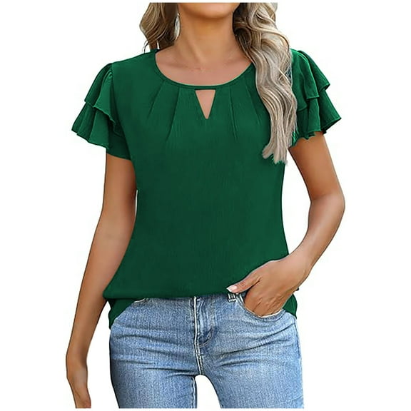 fatyb Dressy Tops Womens Cut out Neck Elegant Blouses Casual Ruffle Short Sleeve Cute Shirts for Women