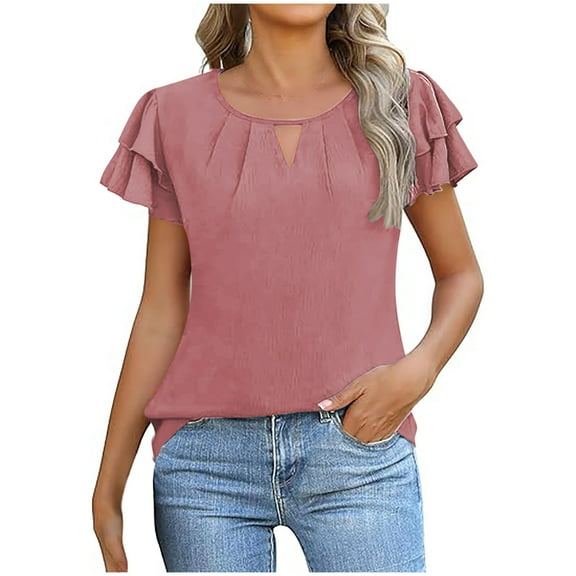 fatyb Dressy Tops Womens Cut out Neck Elegant Blouses Casual Ruffle Short Sleeve Cute Shirts for Women