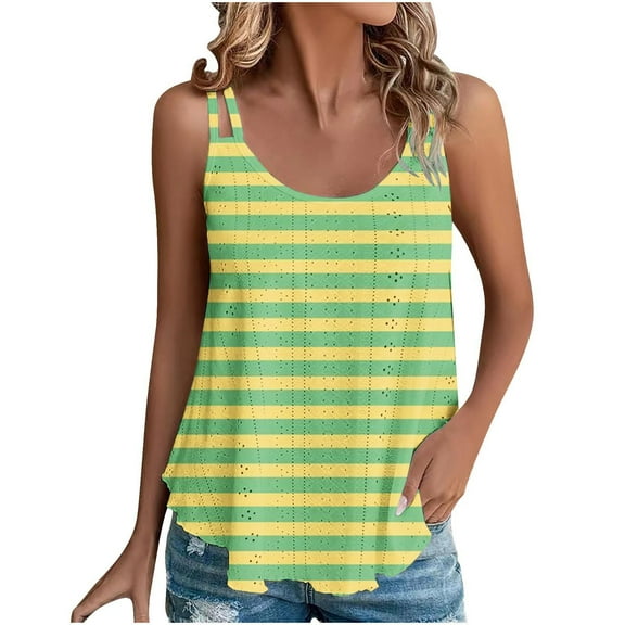 fatyb Eyelet Tank Tops for Women Striped Round Neck Cami Sleeveless Tunic Shirts Womens Loose Blouses