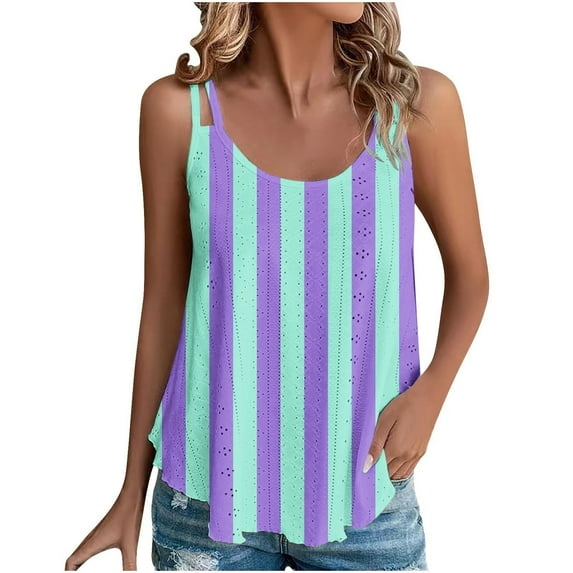 fatyb Eyelet Tank Tops for Women Striped Round Neck Cami Sleeveless Tunic Shirts Womens Loose Blouses
