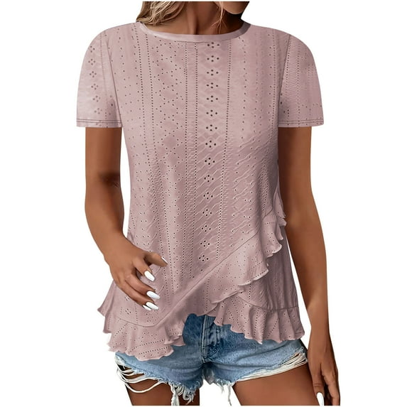 fatyb Eyelet Tops for Women Irregular Hem Crewneck T-Shirts Short Sleeve Dressy Summer Beach Blouses
