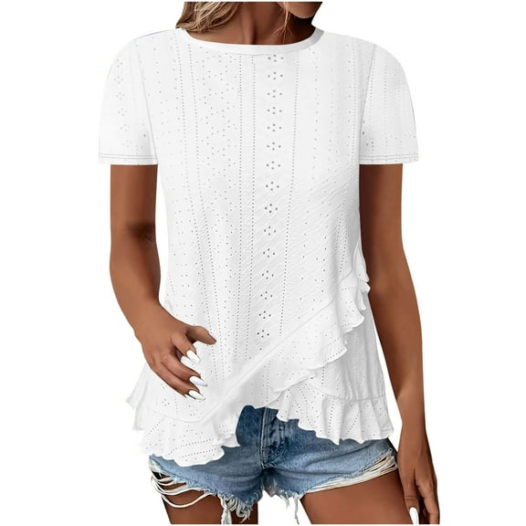 fatyb Eyelet Tops for Women Irregular Hem Crewneck T-Shirts Short Sleeve Dressy Summer Beach Blouses