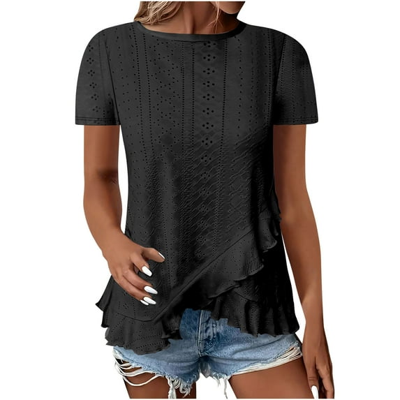 fatyb Eyelet Tops for Women Irregular Hem Crewneck T-Shirts Short Sleeve Dressy Summer Beach Blouses
