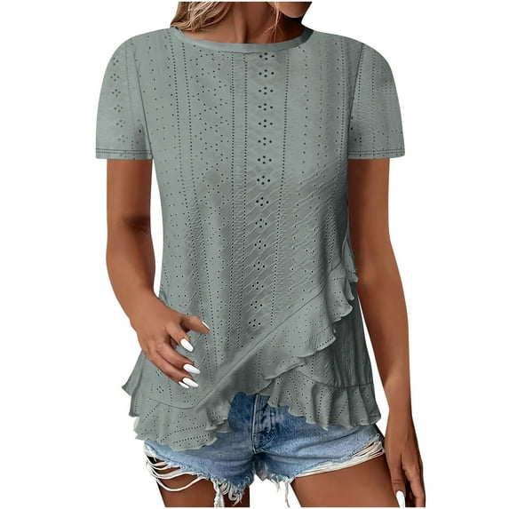fatyb Eyelet Tops for Women Irregular Hem Crewneck T-Shirts Short Sleeve Dressy Summer Beach Blouses