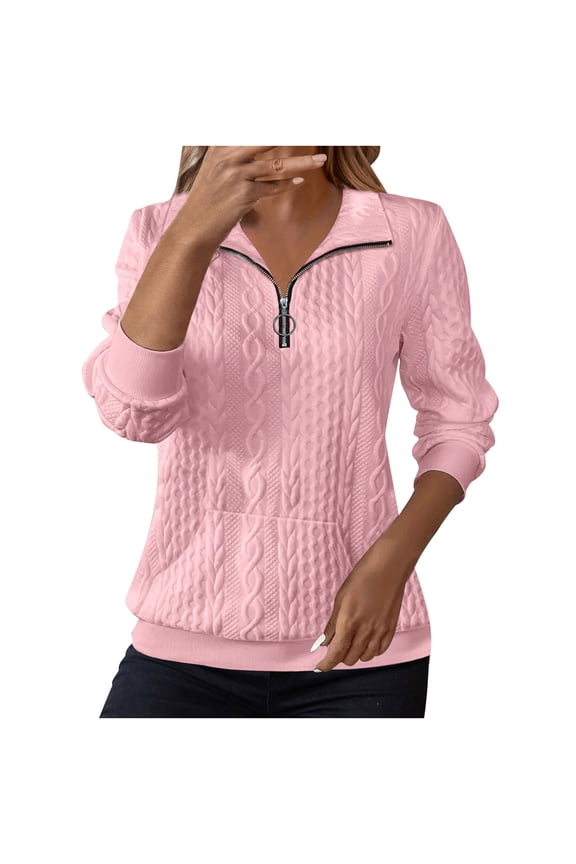 Fall Tops Womens Quarter Zip Collared Sweatshirts with Pocket Casual Long Sleeve Textured Pullover
