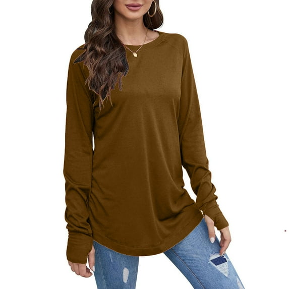 fatyb Fall Womens Long Sleeve Shirts Round Neck Plain Basic Tee Shirt Casual Loose Tunic Tops