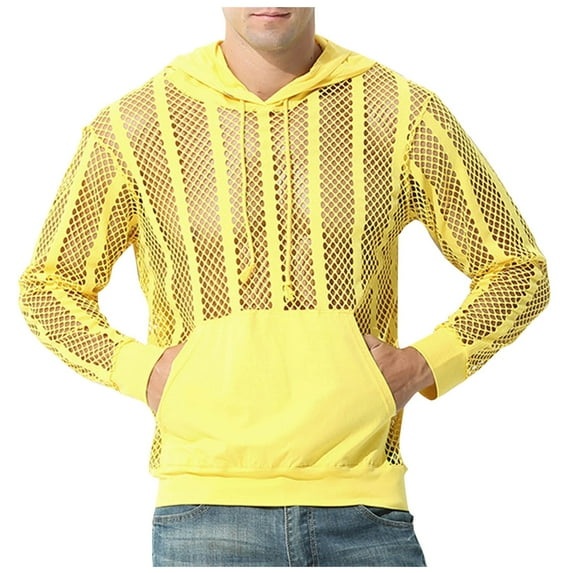 fatyb Fashion Hoodies for Men See Through Hooded T-Shirt Long Sleeve Mens Muscle Pullover with Pocket
