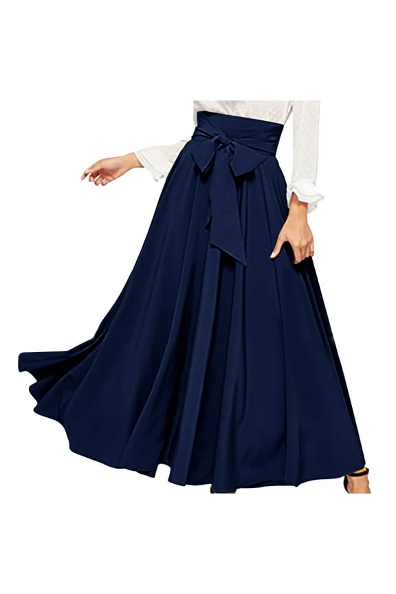 Flowy Maxi Skirts for Women Tie Front Pleated A-Line Long Skirt Business Office Formal Skirts