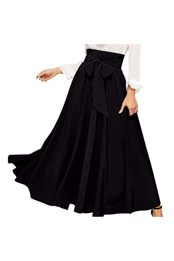 Flowy Maxi Skirts for Women Tie Front Pleated A-Line Long Skirt Business Office Formal Skirts