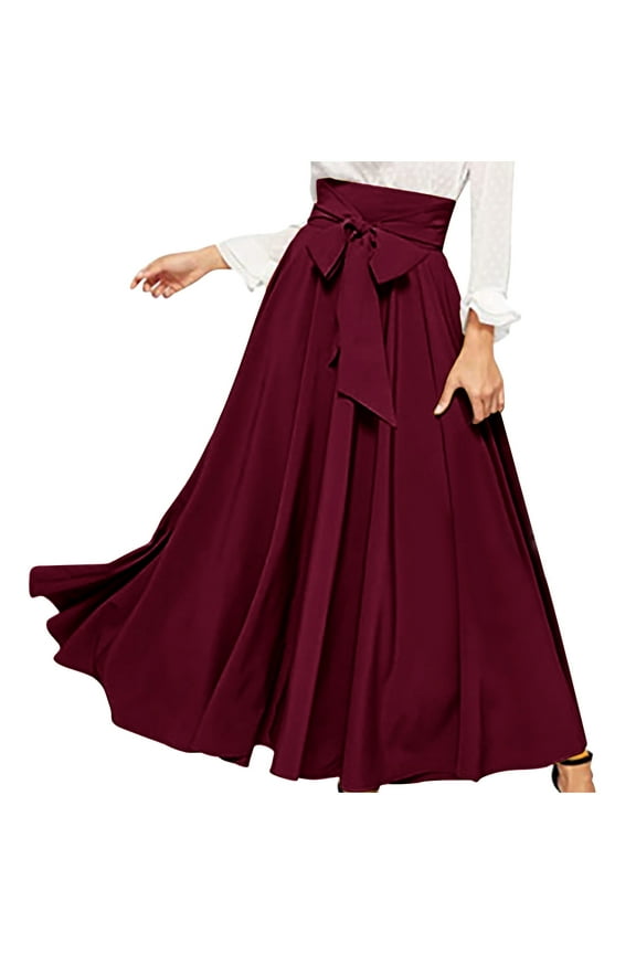 Flowy Maxi Skirts for Women Tie Front Pleated A-Line Long Skirt Business Office Formal Skirts