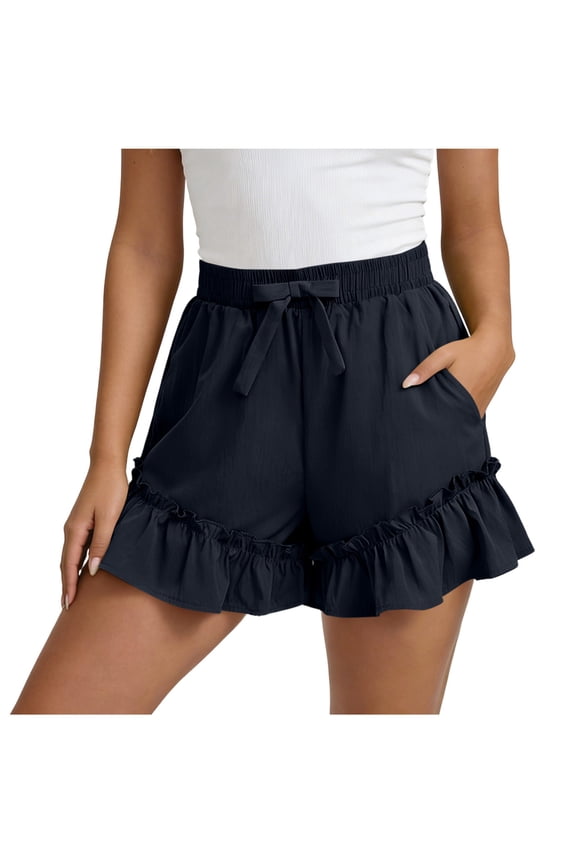 Flowy Shorts for Women Ruffle Hem Wide Leg Elastic Waist Bowknot Loose Summer Shorts with Pockets