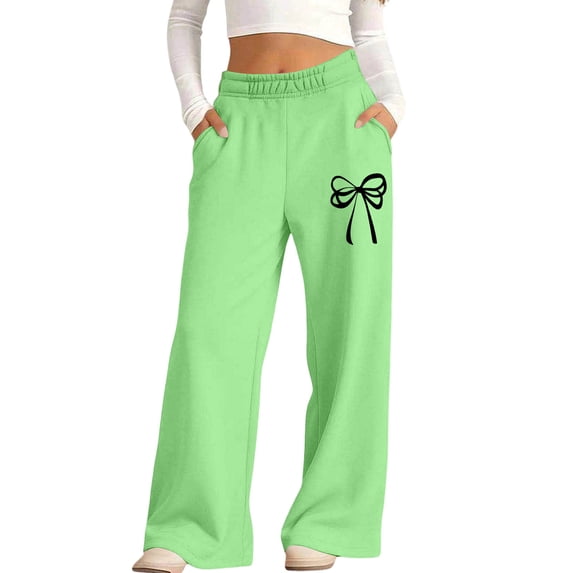 fatyb Girls Baggy Sweatpants Bow Printed Wide Leg Long Pants Elastic Waist Jogger Pants with Pockets