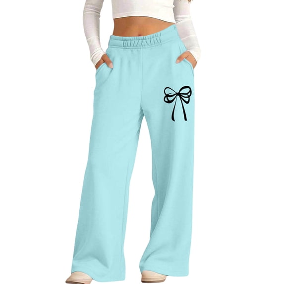 fatyb Girls Baggy Sweatpants Bow Printed Wide Leg Long Pants Elastic Waist Jogger Pants with Pockets
