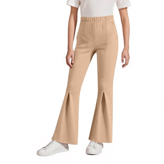 fatyb Girls Bell Bottom Pants School Uniform Elastic High Waist Stretch Flared Leggings with Pockets