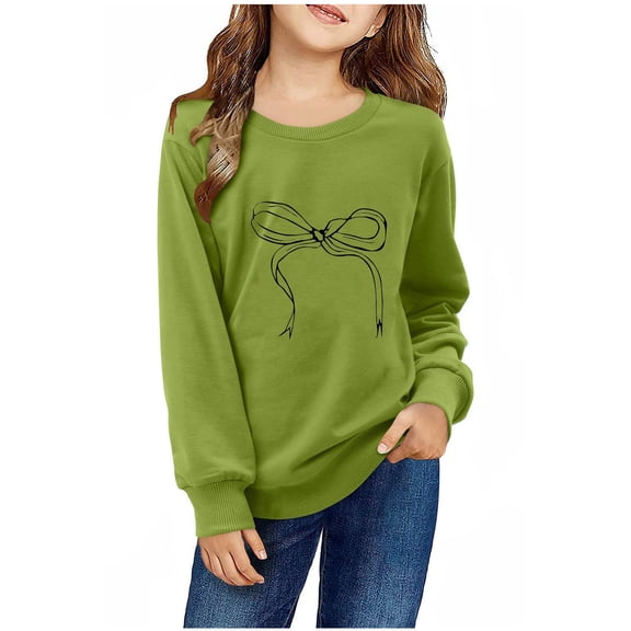 fatyb Girls Bow Sweatshirts Crew Neck Long Sleeve Pullover Kids Casual Loose Cute Graphic Top for Girls