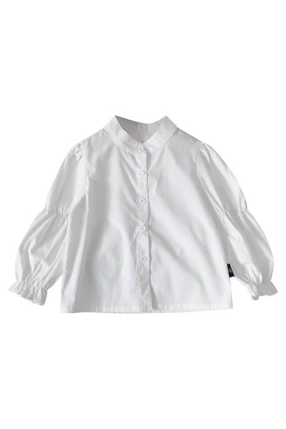 Girls Button down Shirts Puff Casual Long Sleeve Kids Blouse Plain Uniform Dress Shirts for Girls