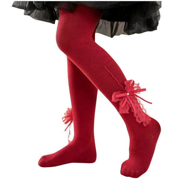 fatyb Girls Cotton Tights Seamless Footed Leggings Kids Girls Dance Pantyhose 3-8 Years with Lace Bow