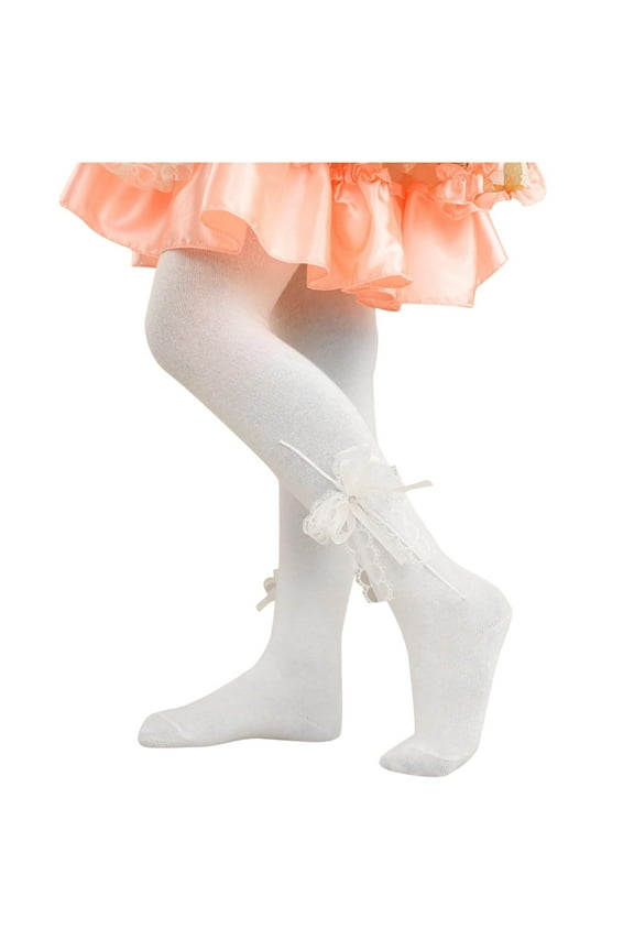 Girls Cotton Tights Seamless Footed Leggings Kids Girls Dance Pantyhose 3-8 Years with Lace Bow