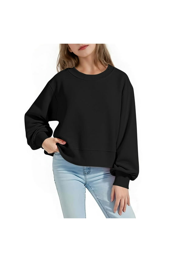 Girls Crop Sweatshirts Long Sleeve Casual Pullover Kids Crewneck Solid Color Tops for 5-15 Years