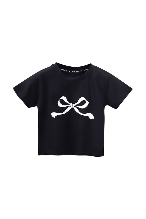 Girls Cute T-Shirts Bow Print Cotton Tee Tops Casual Short Sleeve Crewneck Kids Summer T Shirts