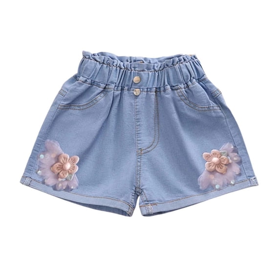 fatyb Girls Denim Shorts Elastic High Waist Jean Shorts with Pockets Kids Loose Summer Pull on Shorts