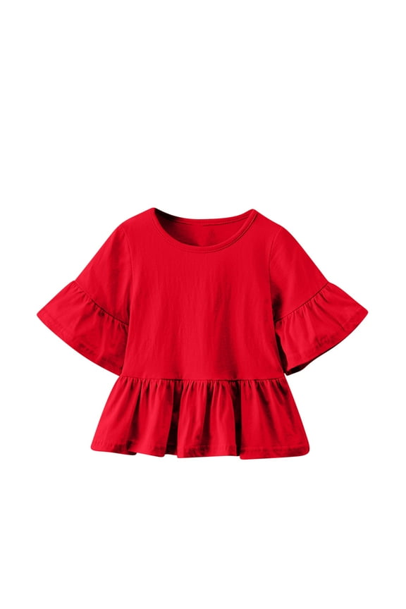 Girls Dress Tops Cotton Bell Short Sleeve Toddler Ruffle Shirts Casual Crew Neck Kids Cute Blouse