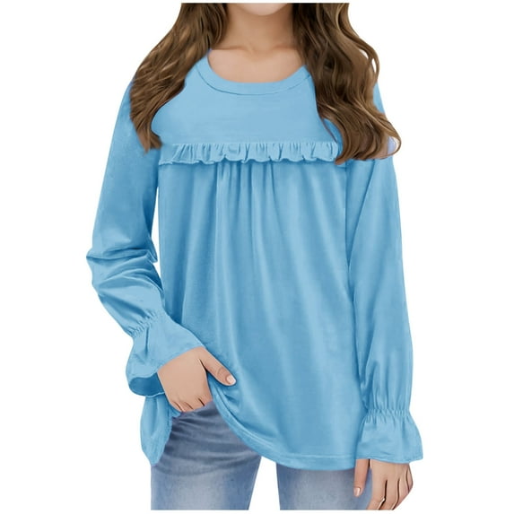 fatyb Girls Dressy Shirts Long Sleeve Crewneck Casual Blouses Solid Color Loose Tops for 5-13 Years Kids