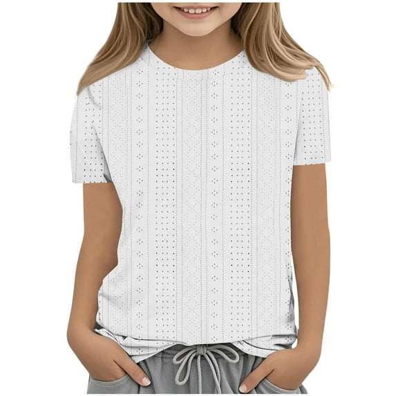 fatyb Girls Eyelet Shirts Short Sleeve Crewneck Blouse Hollow out Kids Casual Summer Tops 3-12 Years