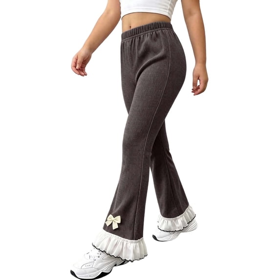 fatyb Girls Flare Pants Ribbed Bell Bottoms with Bow Ruffle Hem High Waist Cute Bootcut Pants Dancewear