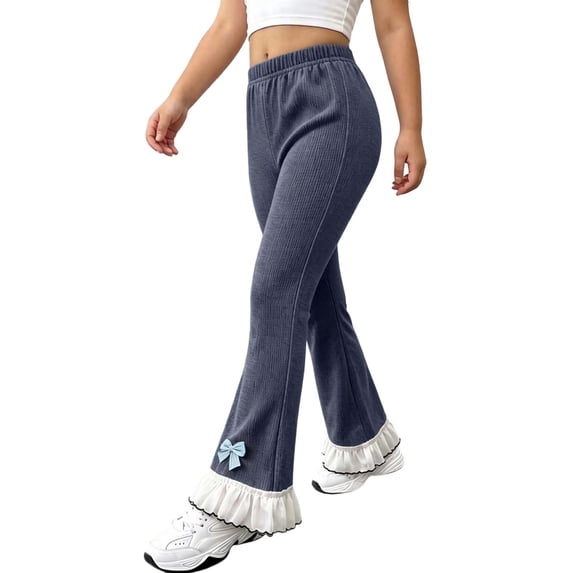 fatyb Girls Flare Pants Ribbed Bell Bottoms with Bow Ruffle Hem High Waist Cute Bootcut Pants Dancewear