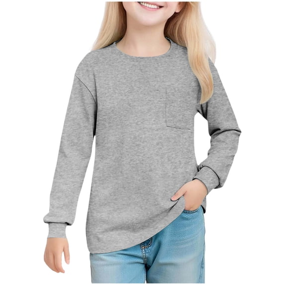 fatyb Girls Long Sleeve Shirts Boys Crewneck Casual Solid Color Kids 5-14 Years Tee Shirts with Pocket
