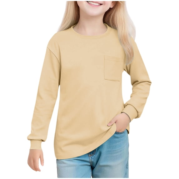 fatyb Girls Long Sleeve Shirts Boys Crewneck Casual Solid Color Kids 5-14 Years Tee Shirts with Pocket