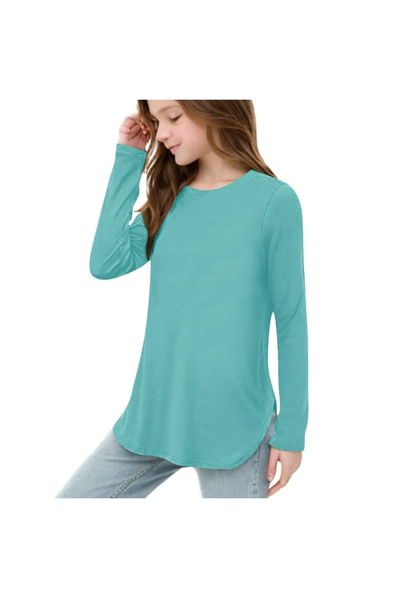 Girls Long Sleeve Shirts Crewneck Casual Tops Kids Solid Color Loose Blouses for Spring Summer