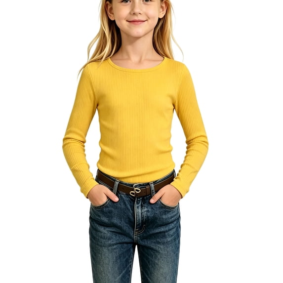 fatyb Girls Long Sleeve Tops Ribbed Knit Stretch Tees Shirts Lightweight Crewneck Casual Undershirts