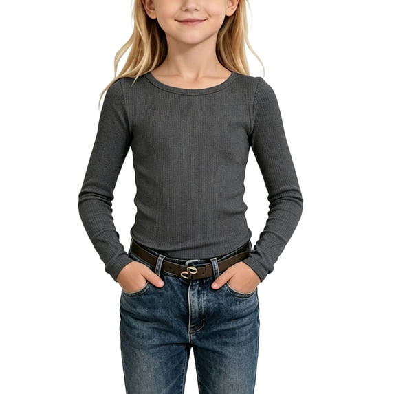 fatyb Girls Long Sleeve Tops Ribbed Knit Stretch Tees Shirts Lightweight Crewneck Casual Undershirts