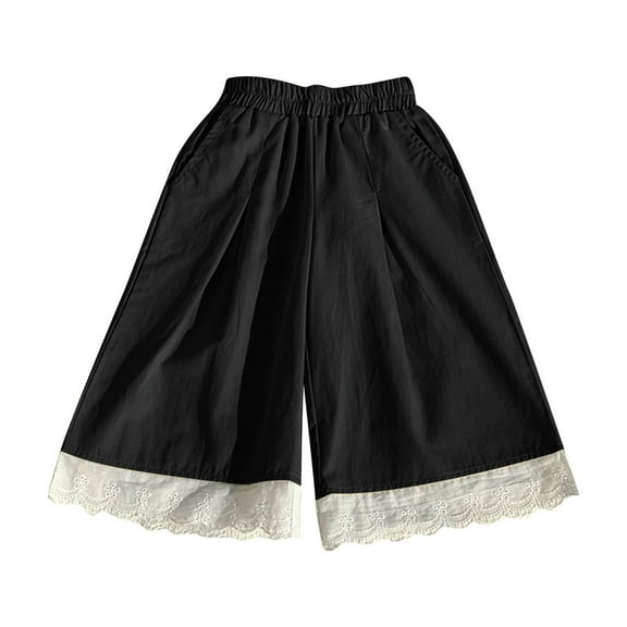 fatyb Girls Palazzo Pants Elastic Waist Loose Wide Leg Pants Lace Hem Casual Beach Pants with Pockets