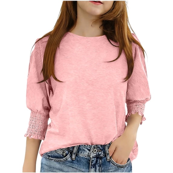 fatyb Girls Puff 3/4 Sleeve Tops Crew Neck Casual Blouses Kids Girls Summer Tee Shirts for 3-13 Years