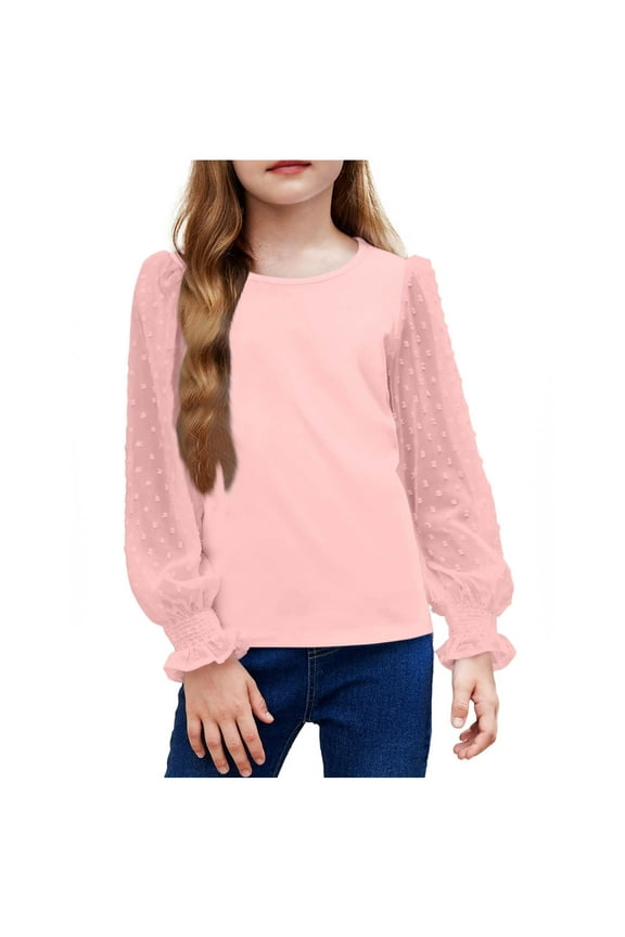 Girls Puff Long Sleeve T Shirts Crew Neck Patchwork Blouses Kids Girls Solid Color Casual Tops