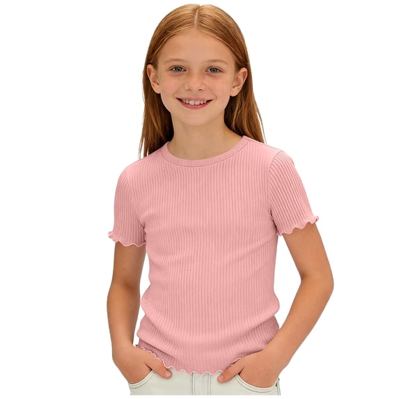 fatyb Girls Ribbed Knit Tops Crew Neck Short Sleeve T Shirts Casual Lightweight Kids Summer Basic Tees