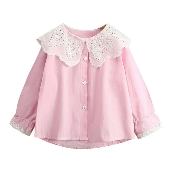 fatyb Girls Ruffle Blouses with Lace Collar Long Sleeve Button down Shirts 2-10 Years Kids Casual Tops