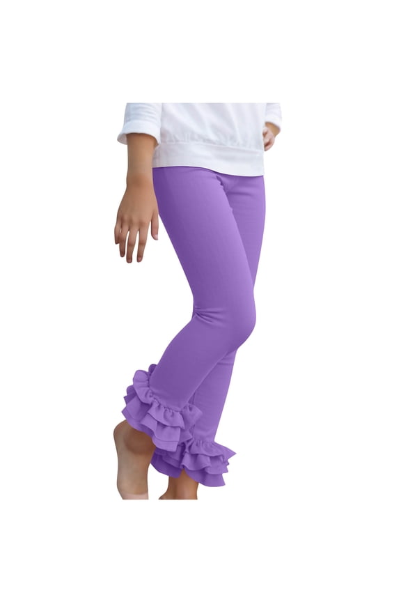Girls Ruffle Hem Leggings Casual Stretch Yoga Pants Solid Color Soft Dance Pants for 3-12 Years